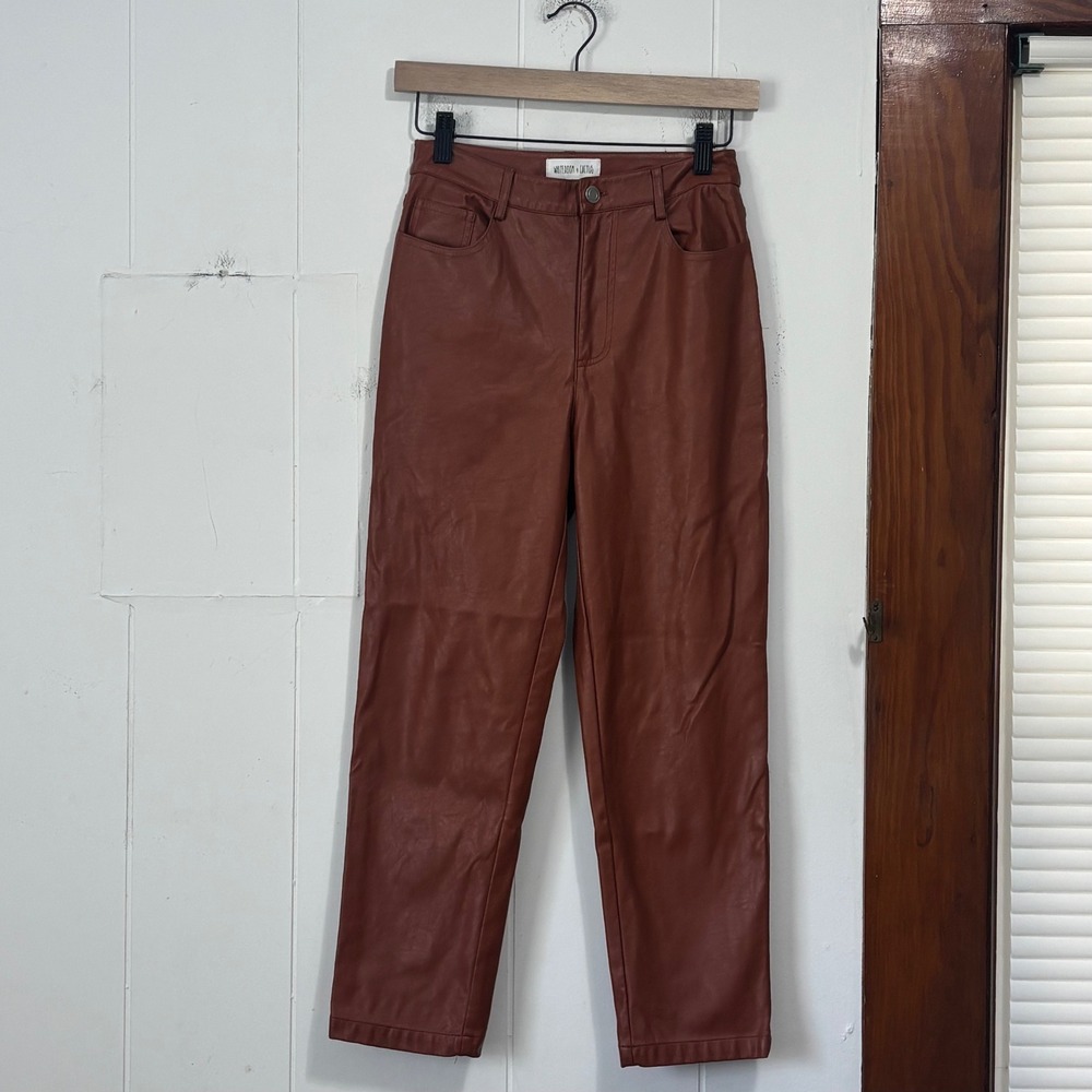 Whiteroom + Cactus Cognac Faux‎ Leather Straight Leg Pants Small Brown
